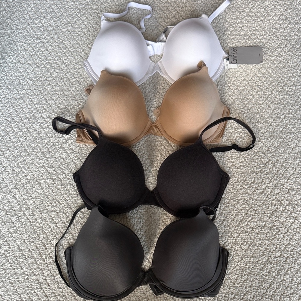 Calvin Klein White, Tan, Black and Charcoal Gray t shirt Bras 4 piece set